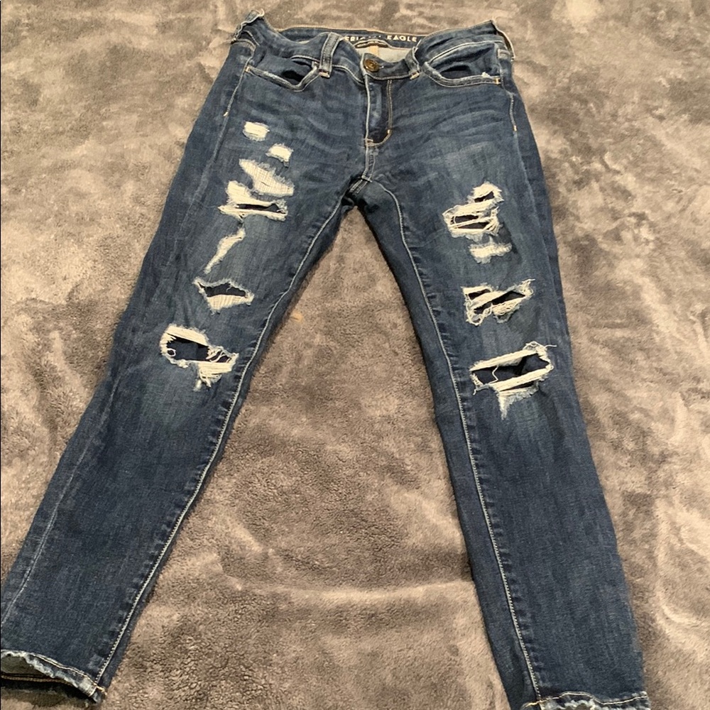 American Eagle Blue Jeggings Distressed Style